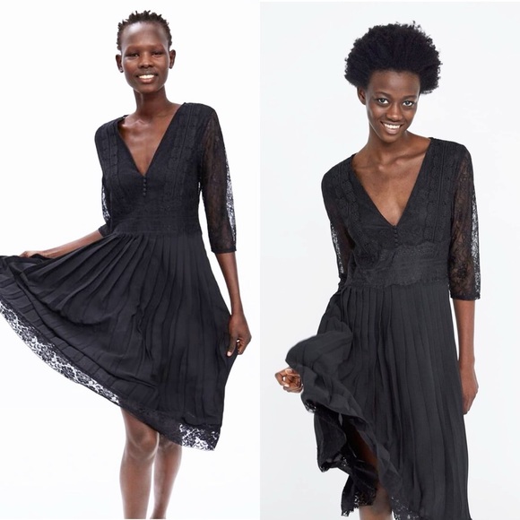 Zara Dresses & Skirts - Zara Lace Pleated Midi Plunge Neck Dress